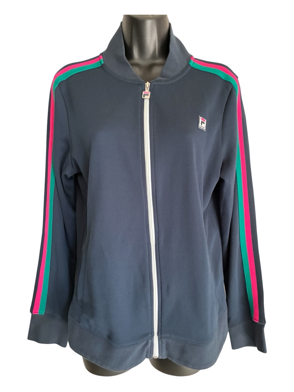 Fila Retro Style Navy Activewear Track Jacket with Pink & Teal Stripes Sz L
